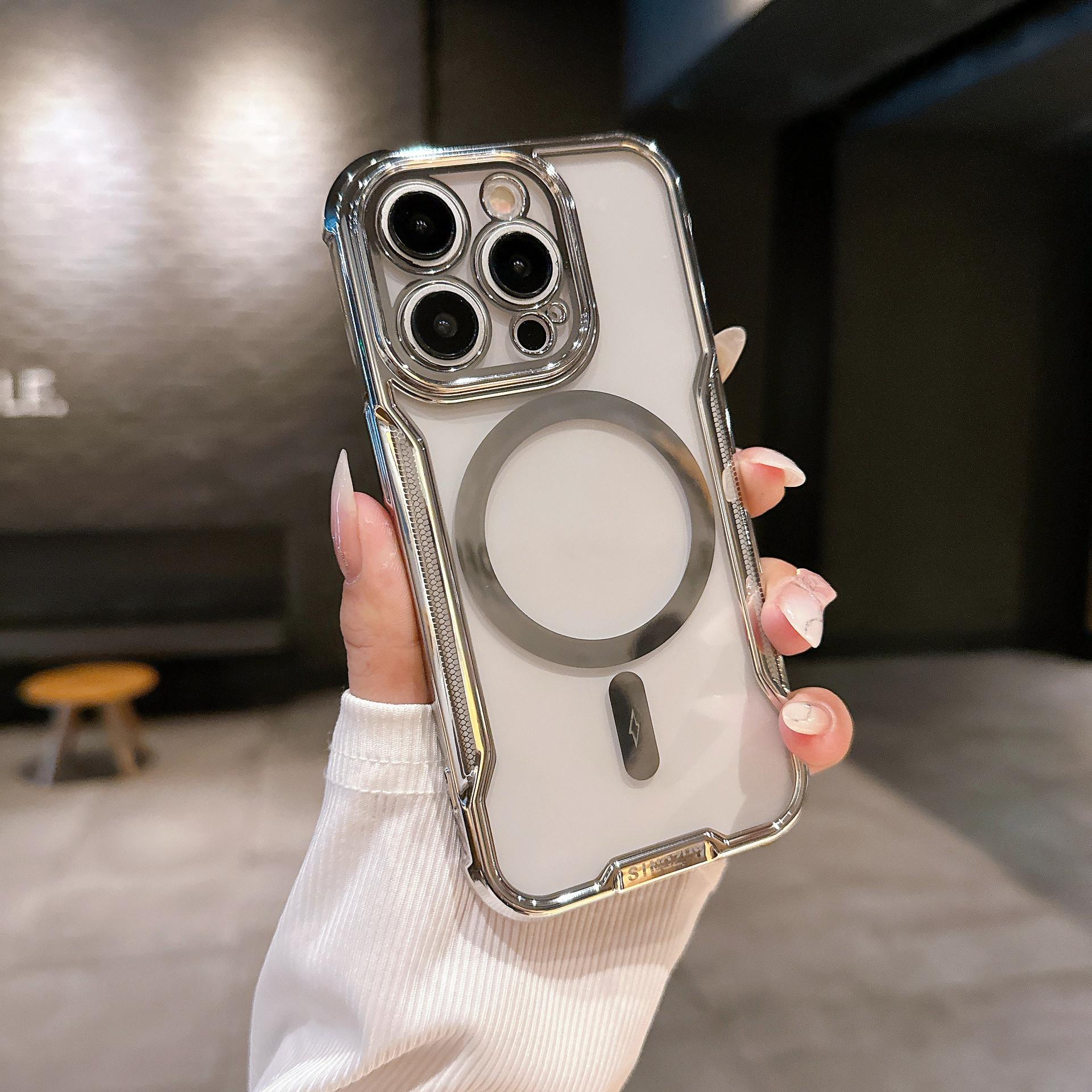 

Подходит для IPhone16promax, Гальванизированный ободок, Узкая талия, Магнитный чехол для телефона, Прозрачный противоударный для Apple 15pro iPhone 11