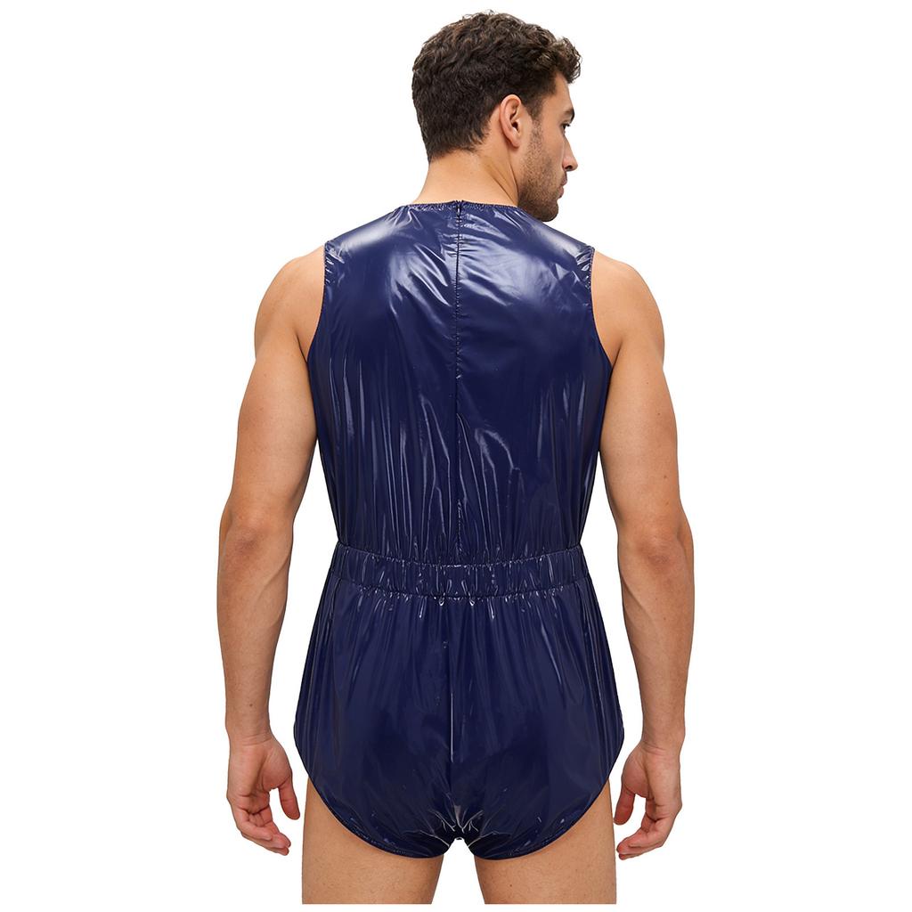 S-3XL Mens Waterproof Bodysuit Openable Crotch with Buttons Sleeveless Back Zipper Elastic Waistband One-piece Romper Jumpsuit for Clubwear Swimming