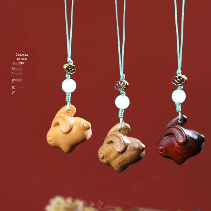 Sandalwood Zodiac Rabbit Phone Charm and Bag Pendant - Cute Cartoon Droopy-Eared Rabbit Accessory