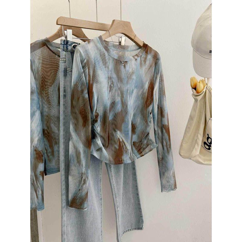 

Self-Retained Best Selling Recommend ~ Tie-Dyed Mesh Shoulder Tops Women s Summer New Arrival Thin Breathable Lightweight Sun Protection Blouse Main Picture Waist Tightening XL