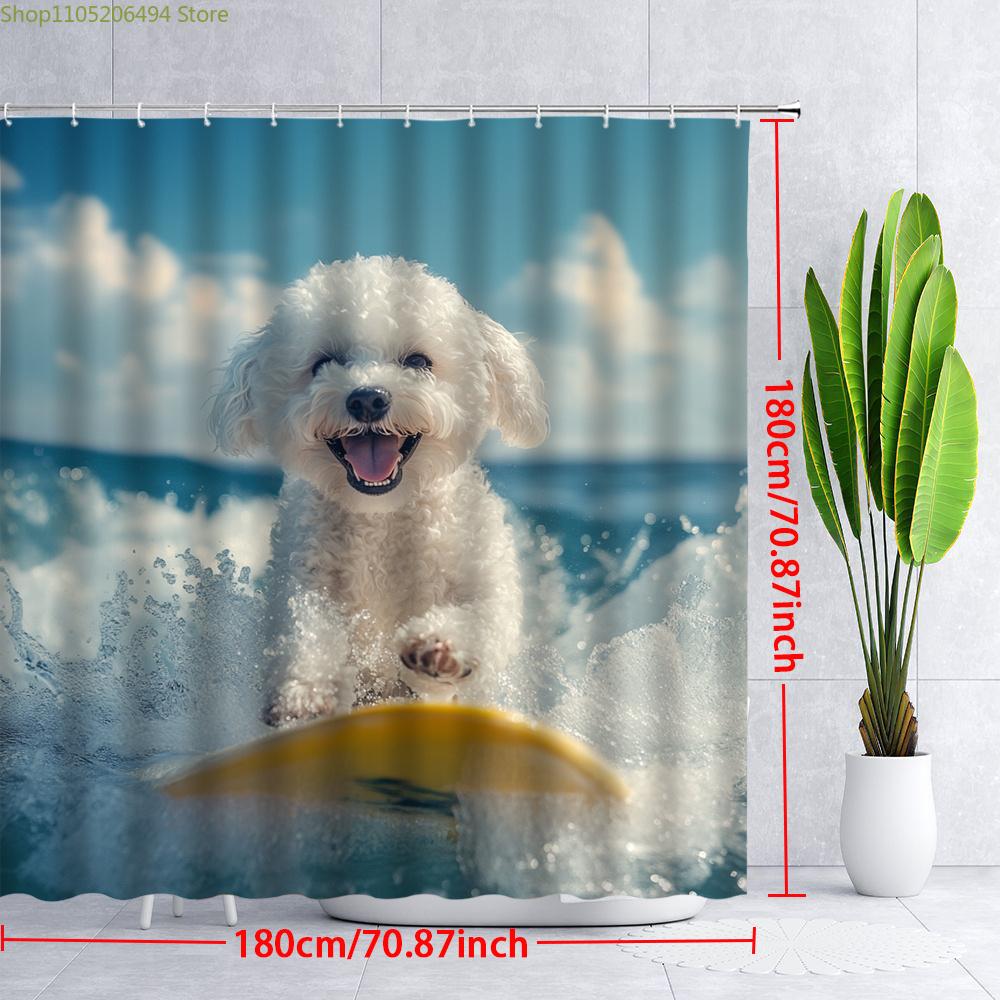 

1Pc Joyful Surfing Maltese Dog Shower Curtain - Playful White Dog On Yellow Surfboard, Splashing Waves Design, 180.01X180.01 C W60H190(CM)-1 Pcs