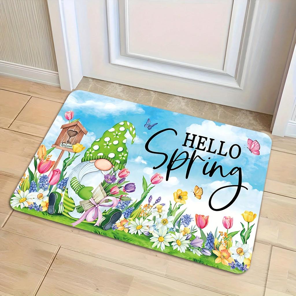 1pc Spring Theme Blue Sky Flower Gnome Decorative Doormat, Soft And Lightweight Non-Slip Washable Farmhouse Kitchen Mat For Laundry Room Or Bathroom F