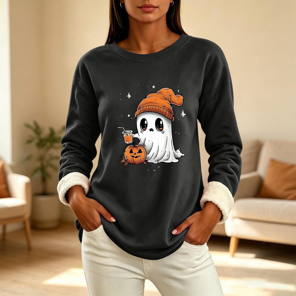 Women's Lined Long Sleeve Round Neck Halloween Print Top for Winter Casual Wear