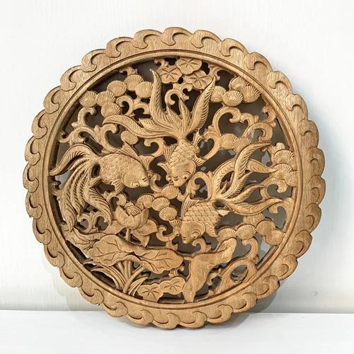 Diameter 27cm/10.8" Chinese style camphor wood carving circular decoration living room entrance background wall pendant