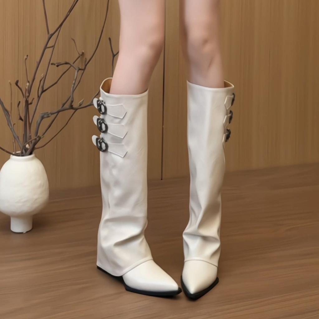 French Pointed Inner Heightening Knight Boots Women's Belt Buckle White Boots 2025 New Fashion Wedge Trouser Tube Boots