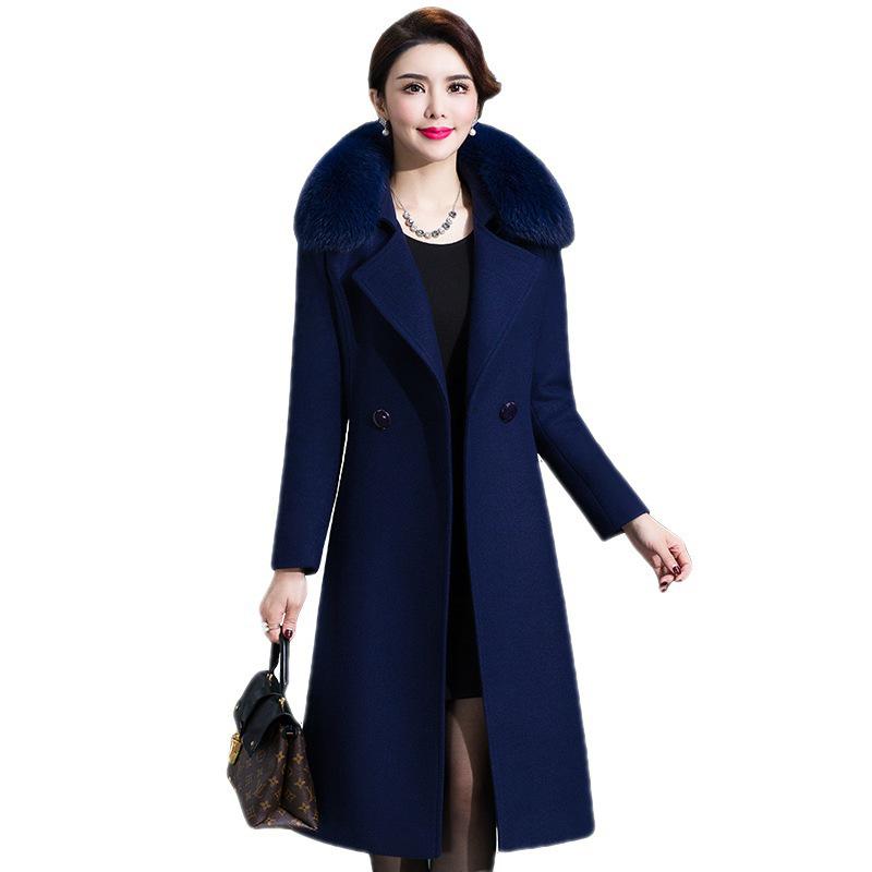 Women's Mid-Length Korean Wool Coat with Fox Fur Collar – Autumn/Winter