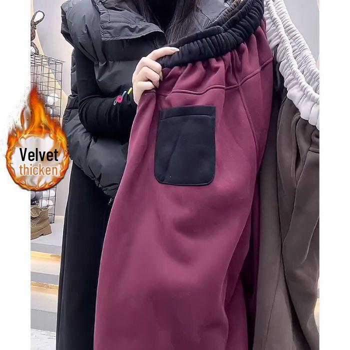 

Women s Autumn/Winter Patchwork Fleece-Lined Casual Harem Pants, Plus Size, Loose Fit, Slimming, Cropped, Foot-Binding Style XL