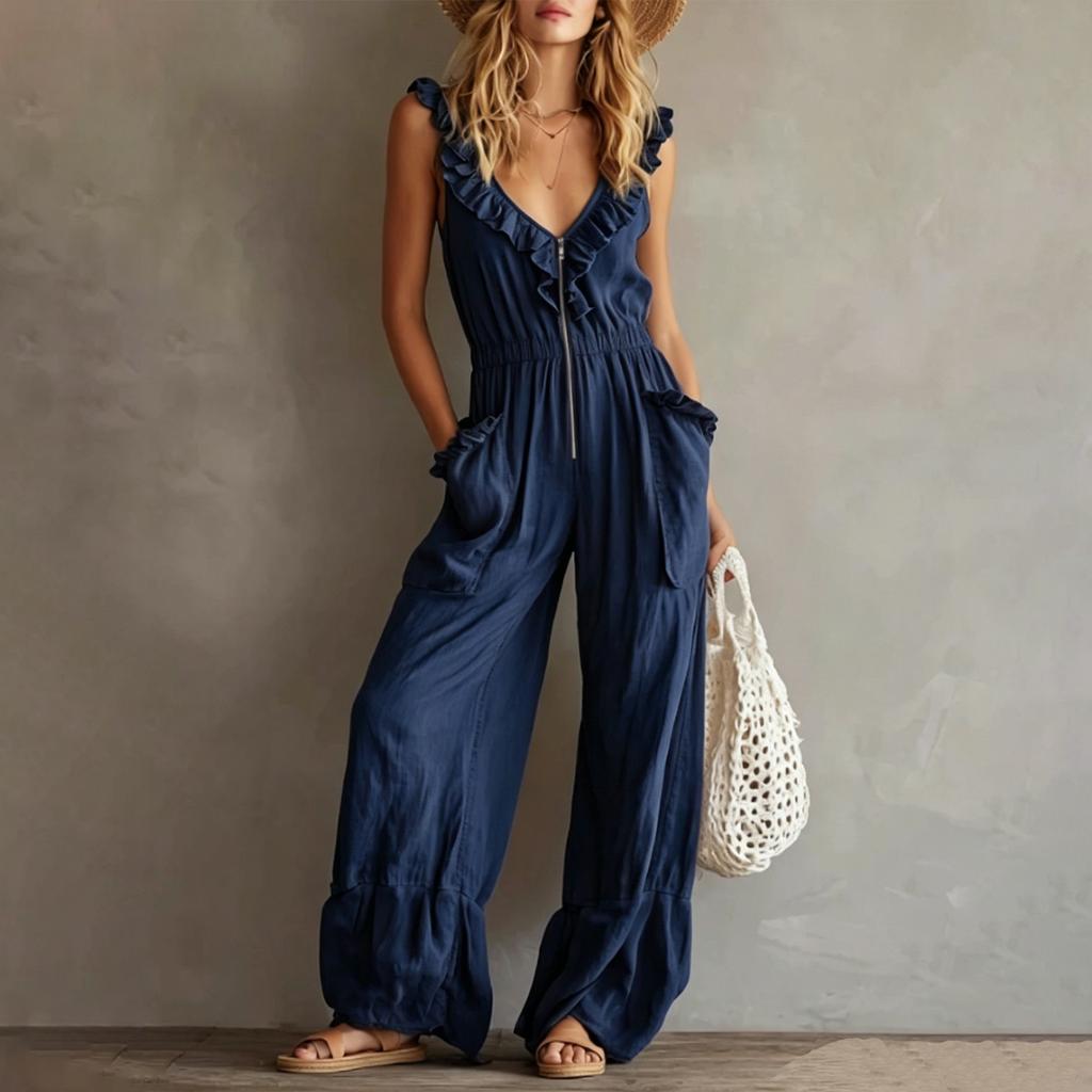 Women's Sleeveless V Neck Jumpsuit with Zipper Front Pockets Ruffle Details Wide Leg Casual Vintage Style Romper