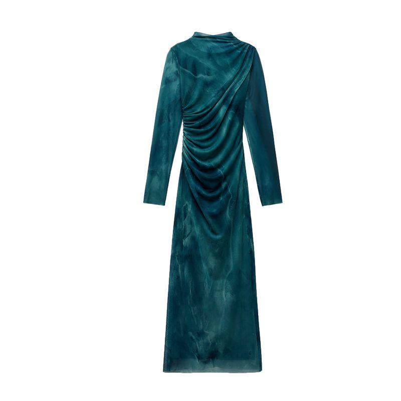 

Для осени Новое Дизайнерское Чувство Нишевый Стиль Длинные Рукава Воротник-стойка Приталенное Внутреннее Платье из Шелковой Сетки с Принтом 8914469 Green L