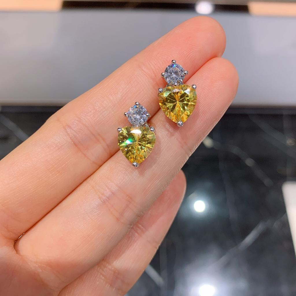 Jewelry Retro Colored Treasure With Diamonds Simulation Yellow Diamond Love Heart Pendant Love Stud Earrings Temperament Gift Women