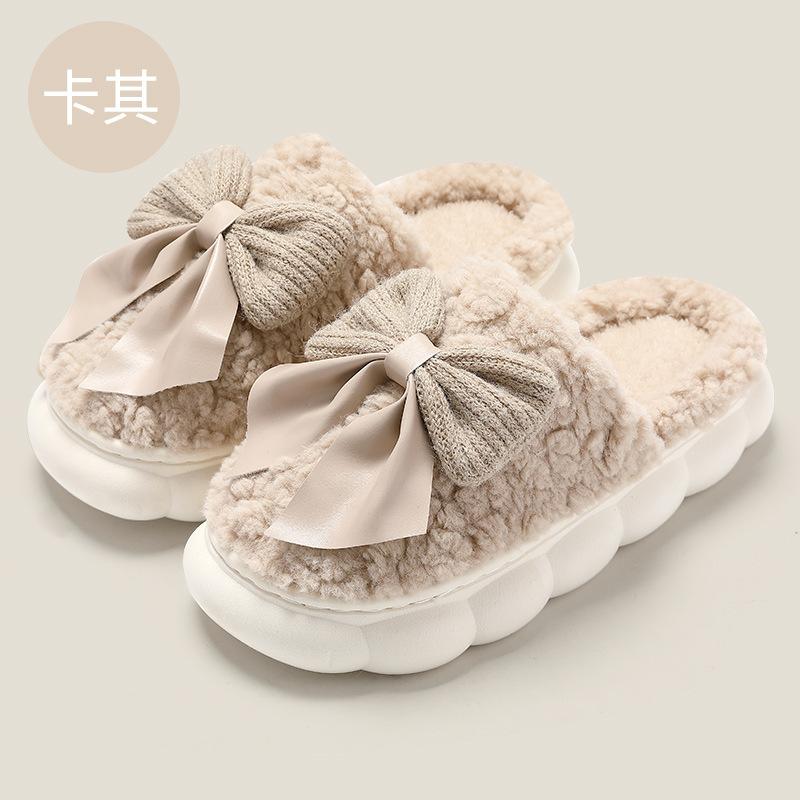 Bow-tie fluffy slippers winter cute indoor home home thick bottom plush warm cotton mop