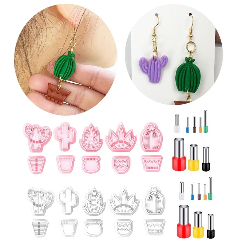 18Pcs Spring Fresh-Cactus Soft Pottery Cutter Earring Jewelry Pendant Maker Green Plant Ornament Pendant Cutting Mold