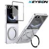 KEYSION 360° Rotating Magnetic Ring Stand Case for Samsung Galaxy Z Flip 7 5G Transparent PC Phone Cover with Screen Protector