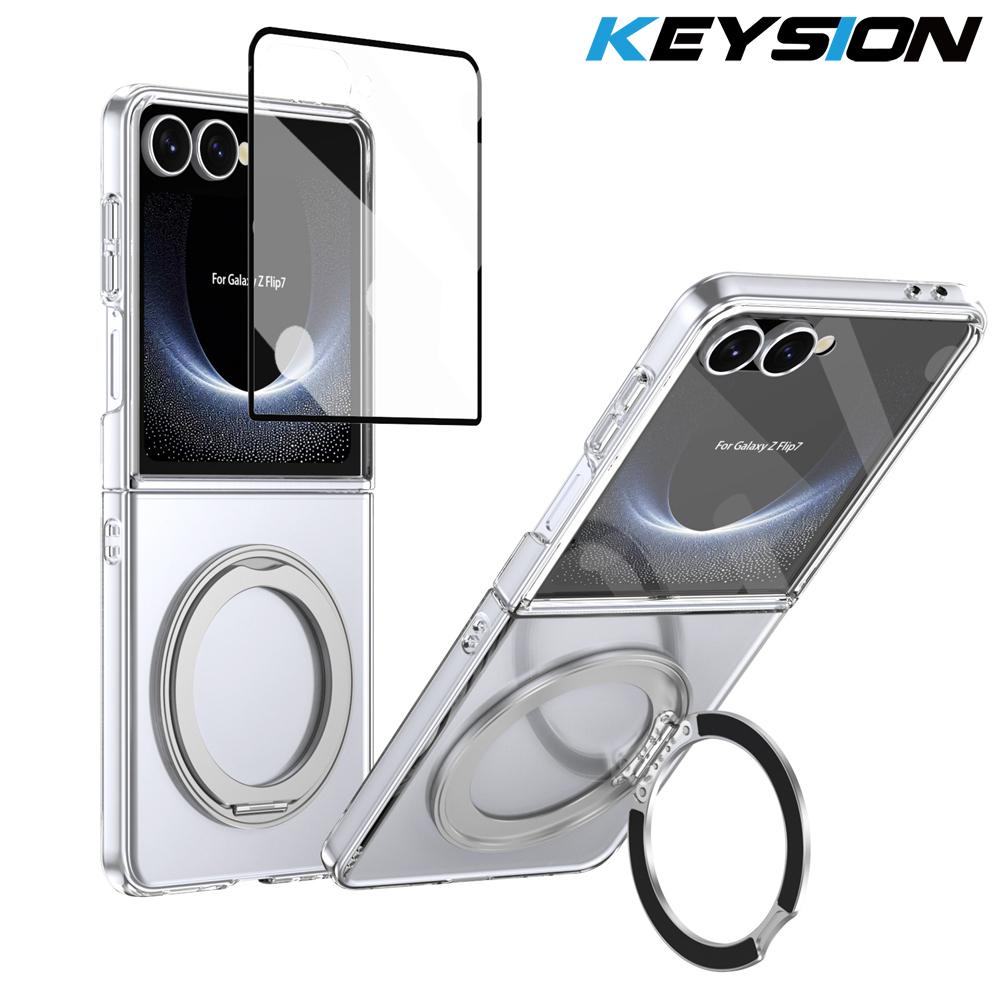 KEYSION 360° Rotating Magnetic Ring Stand Case for Samsung Galaxy Z Flip 7 5G Transparent PC Phone Cover with Screen Protector rosa