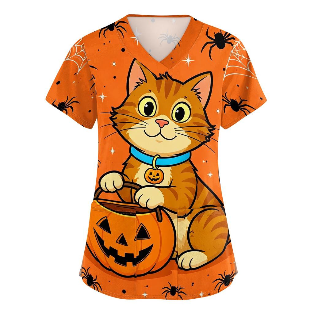 Women's V-Neck Short Sleeve Scrub Top with Pockets, Halloween Print Caregiver Uniform Shirt