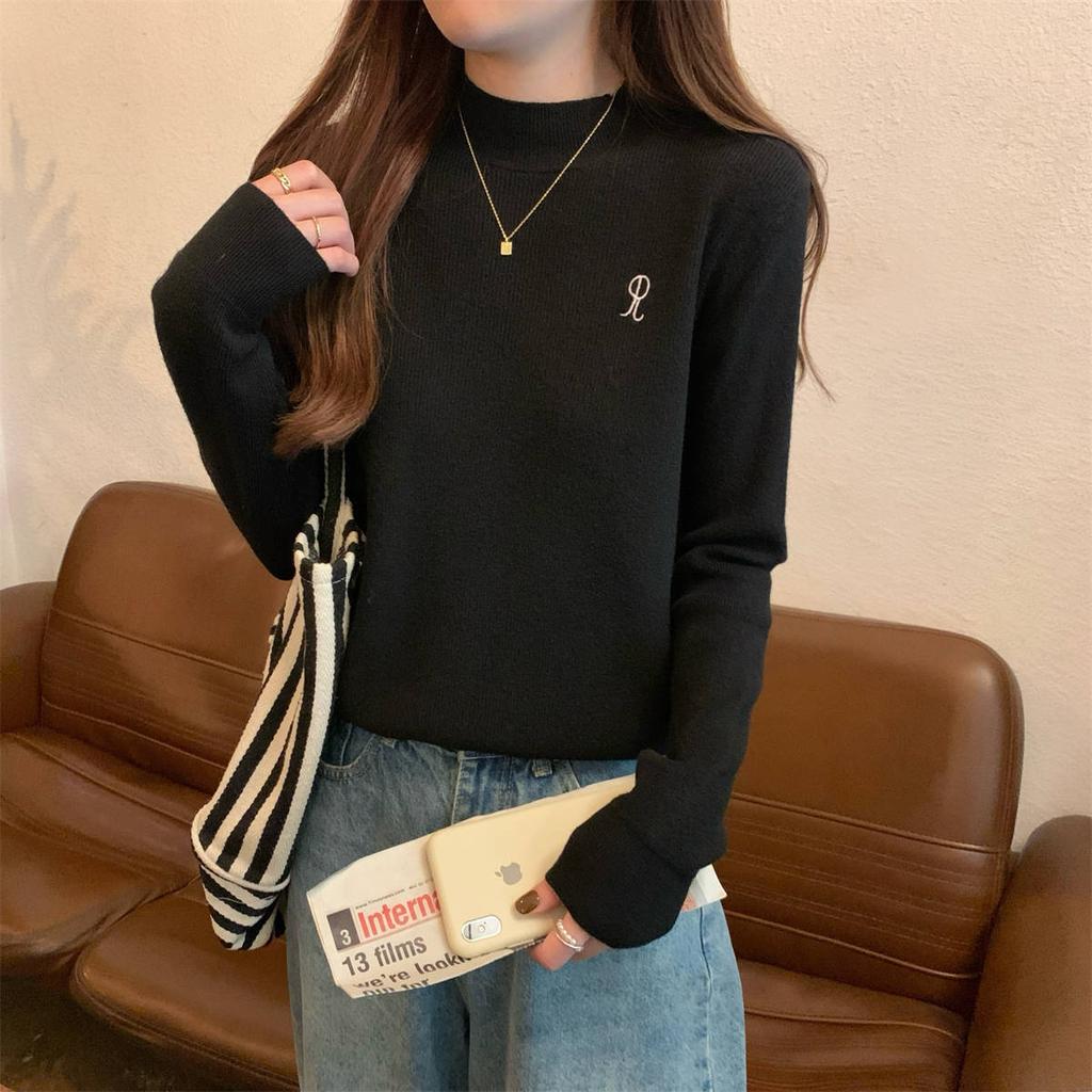 Autumn and Winter New Embroidery Versatile Semi-high Collar Soft Waxy Inner Andy Velvet Knitwear Base Sweater Girl