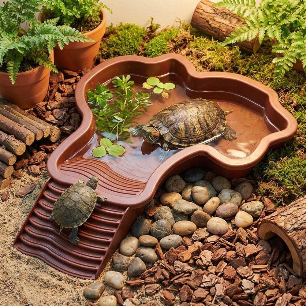 Anti-Slip Base Reptile Bathing Pool with Ramp Imitation Rock Ladders Turtle Soaking Tub Wear Resistant Plastic Turtle Bath Basin