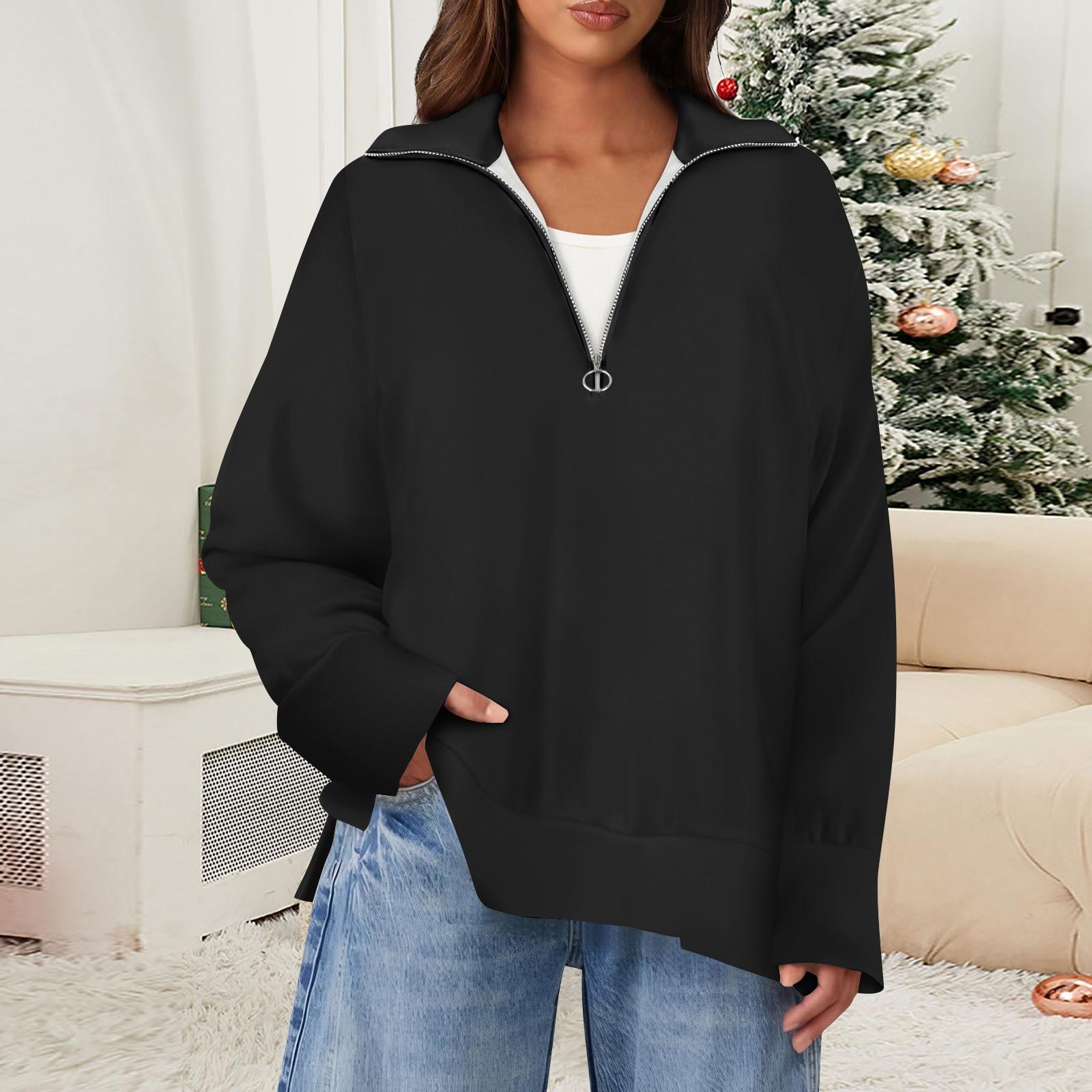 

Женский повседневный однотонный пуловер с застежкой-молнией на лацкане и боковыми разрезами, модная одежда L чёрный