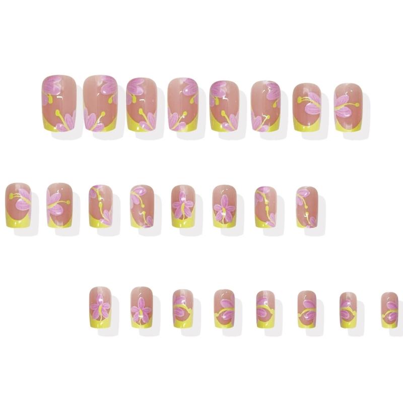 Unhas Quadradas Postiças Flor Unha Postiça Cola na Unha Unha Acrílica Artificial 24 Peças Unha Adesiva para Mulheres e Meninas
