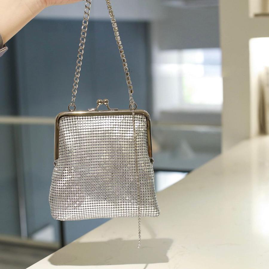 Chains Women Shoulder Bag Retro Kiss Lock Crossbody Bags For Female Metallic Sequin Shell Bag Clip Wallet Small Purse Handbags