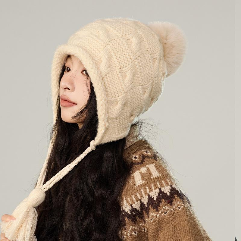 Winter Solid Color Fringed Hairball Knitted Hat Women's Wool Hat Fashion Ear Hat