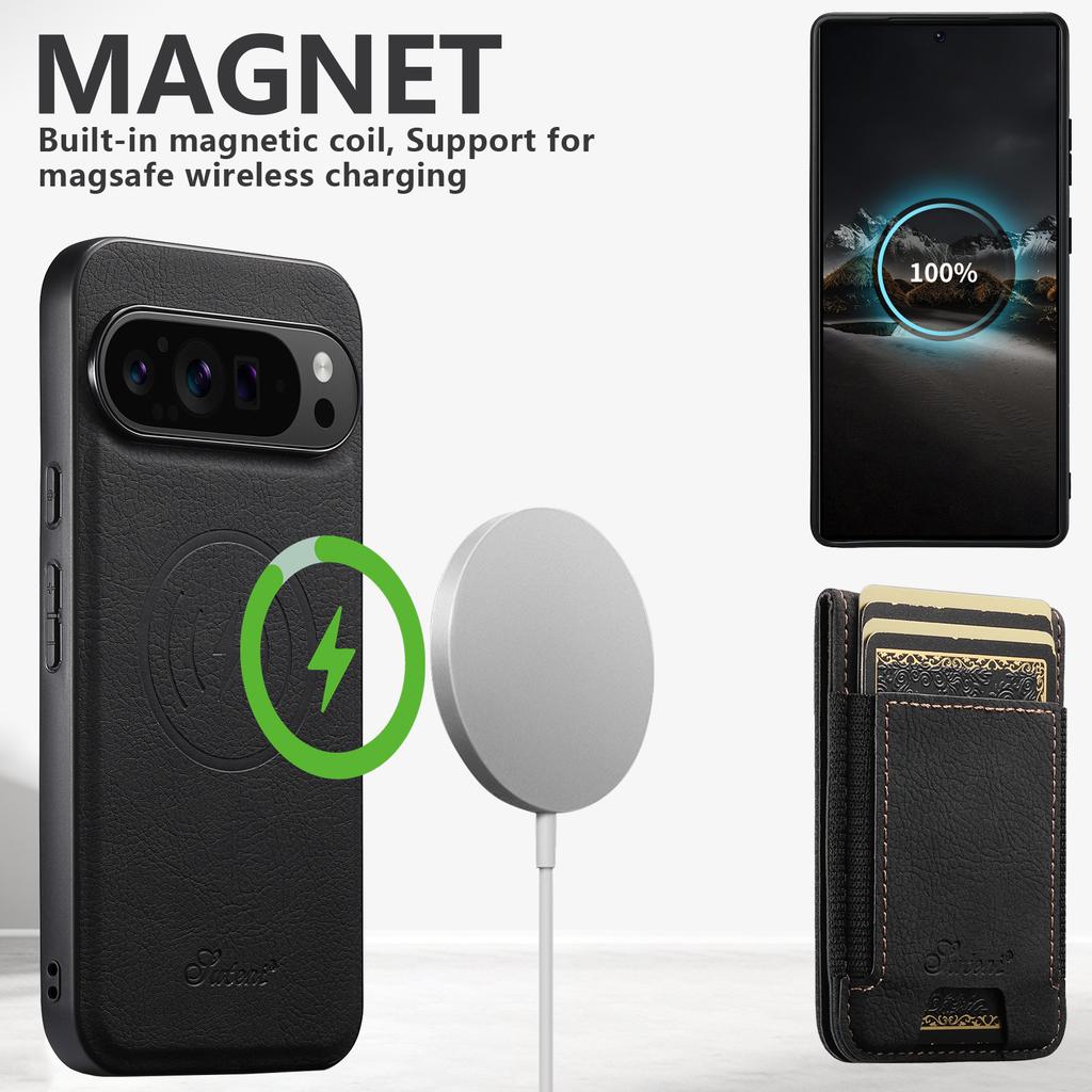 SUTENI H17 For Google Pixel 10 Pro XL Magnetic Case Card Slots Leather + TPU Kickstand Phone Cover