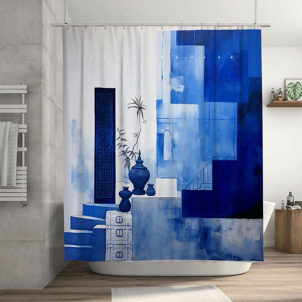 Modern Blue Bath Curtain Decorative Shower Curtain Set For Bathroom High-Quality 100% Waterproof Polyester Fabric Customizable S