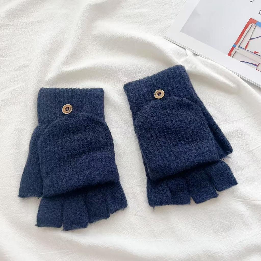 Solid Color Flip Gloves New Warm Solid Color Plus Velvet Writing Fingerless Simple Gloves