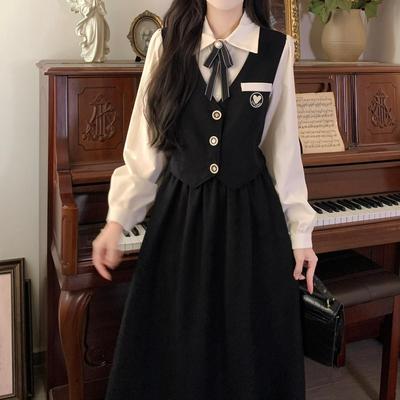 French College Style Black Long-sleeved Dress Autumn and Winter Slightly Fat Mm Thin Corduroy Fake Two-piece Medium and Long Dress