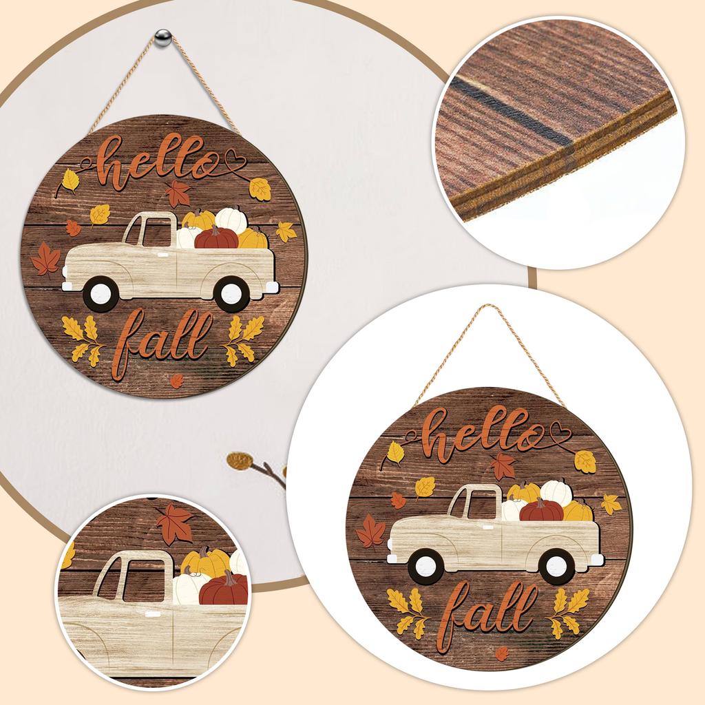 Wooden Round Hanging Sign with Truck and Pumpkin Design for Fall Seasonal Decoration Rustic Autumn Craft Ornament