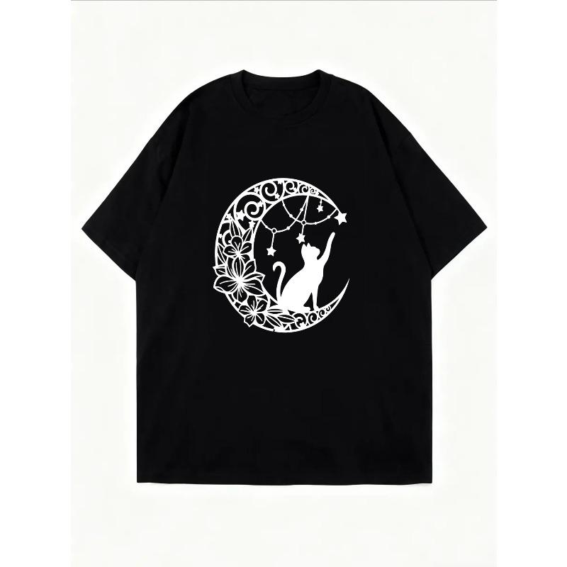 White T-Shirt With Cat And Moon Print For Casual Wear