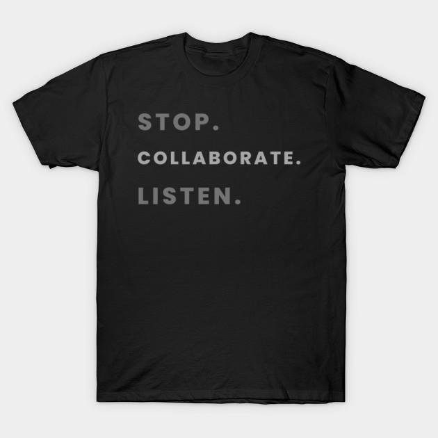 

Men Black Print T-shirt Stop. Collaborate. Listen. No-Cut Transfer Paper Print Cotton Tshirt S чёрный