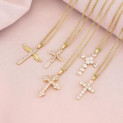 Κολιέ με σταυρό συγκράτησης χρώματος, στολίδι με ζιργκόν, γυναικείο χρυσό κολιέ σε ασορτί χρυσό για κορίτσια, αξεσουάρ αλυσίδας κλείδας υψηλής αίσθησης