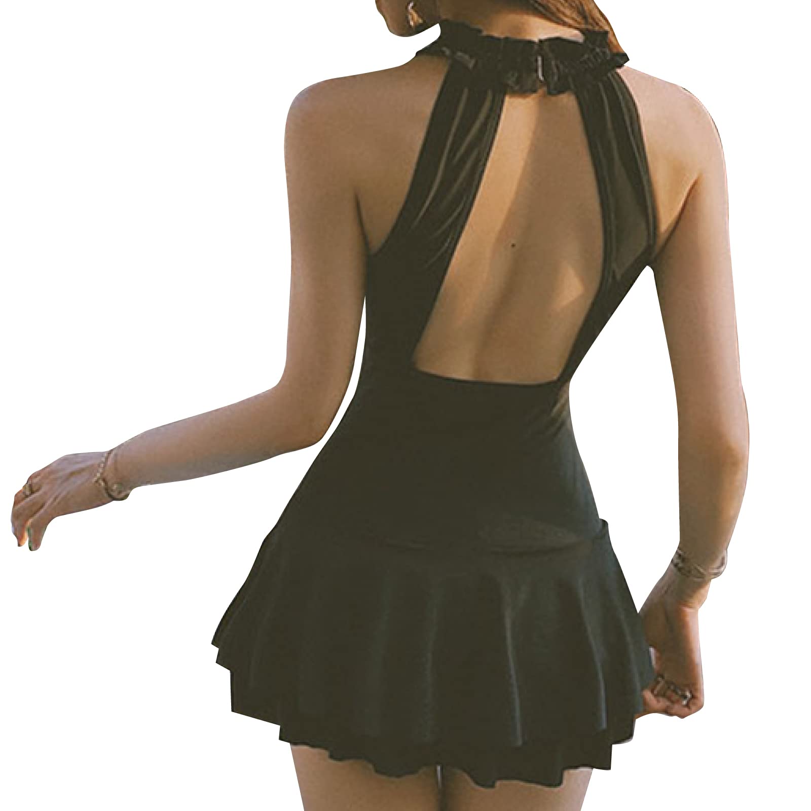 

RONGUI Women s Black Monokini One-Piece Swimsuit with Halter Neck and Skirt, Flattering Design, Size L
