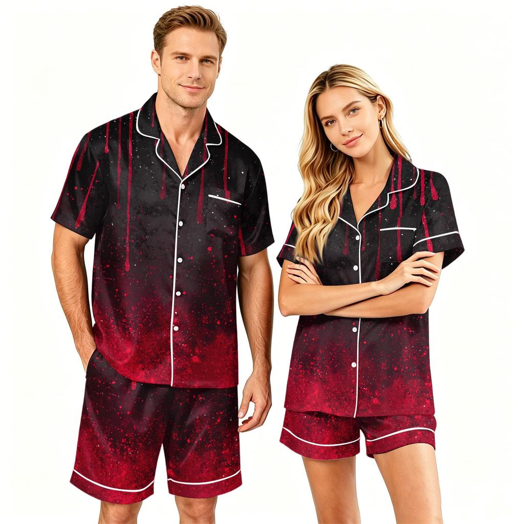 Couple Halloween Pajama Set Short Sleeve Button Down Shirt with Shorts Soft Casual Sleepwear S-XXXXL Matching Outfits for Men and Women