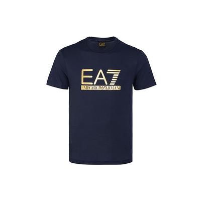 EA7 Letter Gold Logo Printed Short Sleeve T-Shirt Men Tops Navy-Blue 3KPT87-PJM9Z-1554