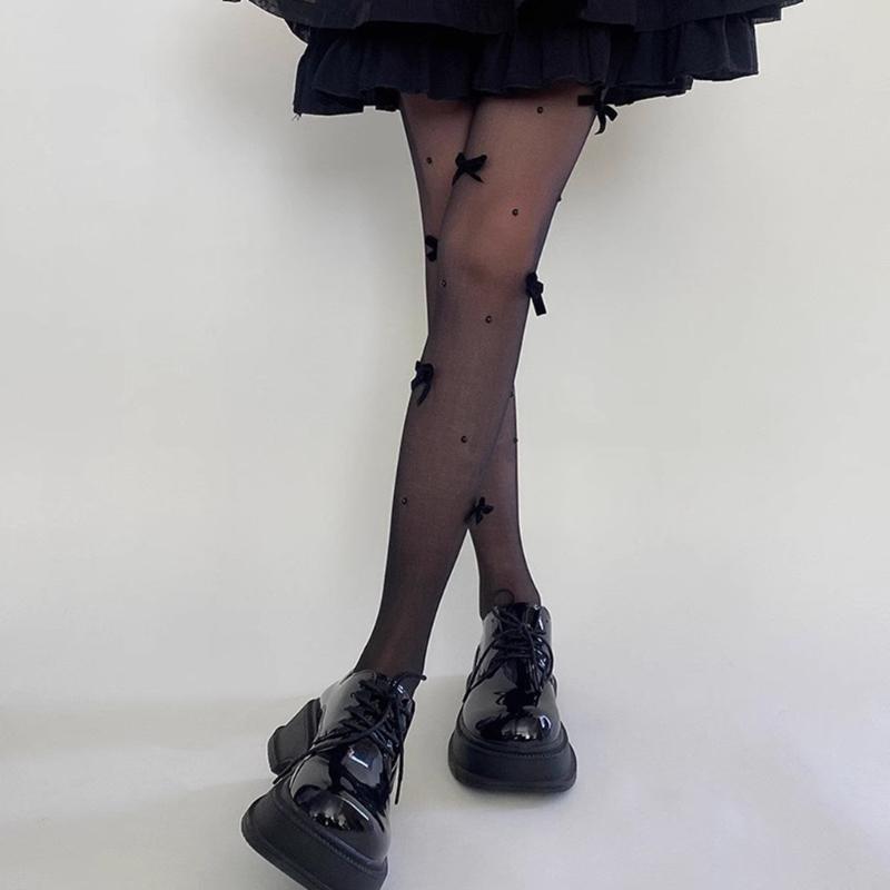 Sheer Tights for Women Lolitas Bows Pearls Pantyhose Control Top Thigh High Stockings Silk Thin Stockings Tights Hosiery