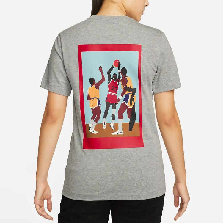 Jordan Character Oil Painting Print Casual Short Sleeve Crew Neck T-Shirt Women Tops Grey DO9806-063