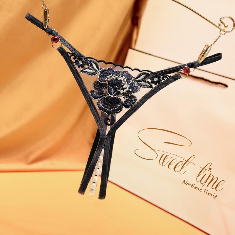 Temptation Rhinestone Beaded Thong - Women's See-Through Embroidered Open Crotch Sexy Panties 2270