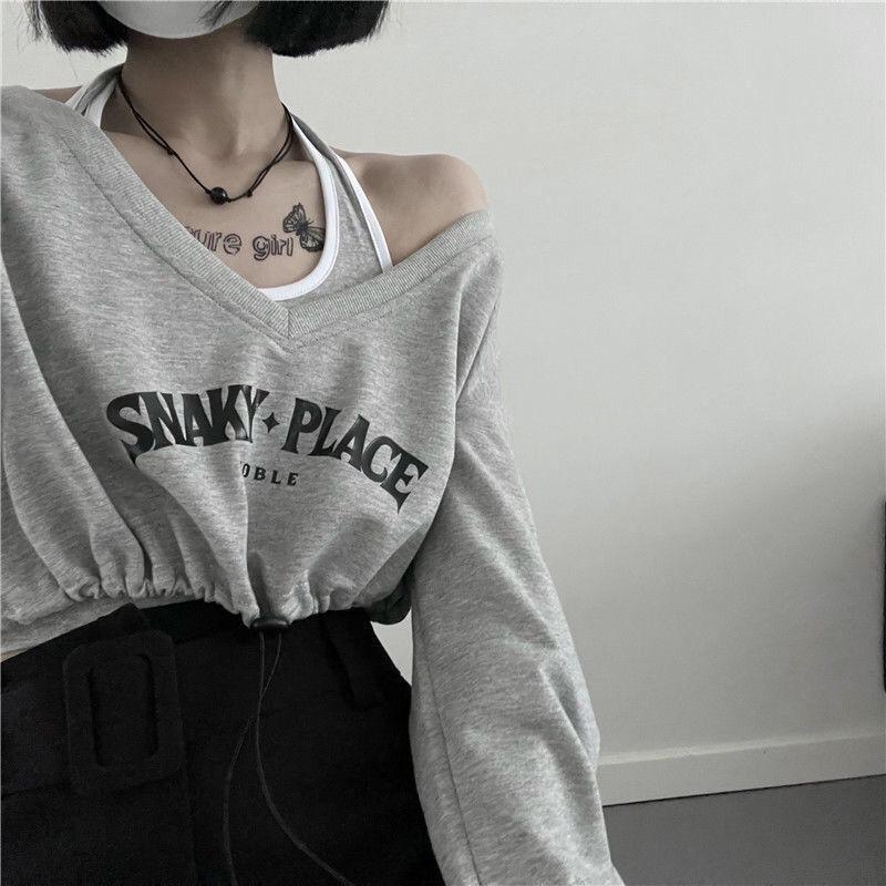 Korean Spring One-Shoulder Two-Piece: Long Sleeve Sweater & Navel-Length Halter Top