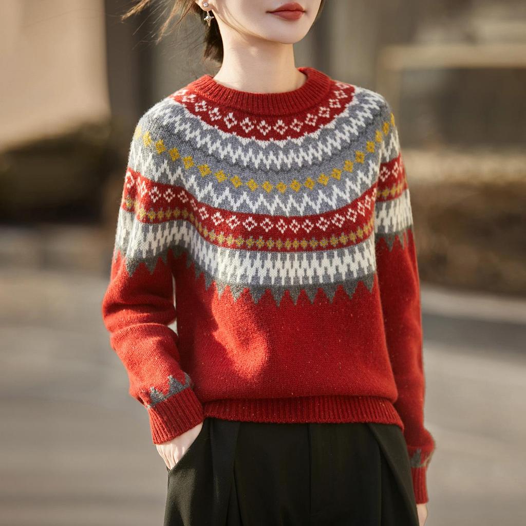 Women's Korean Style Fair Isle Wool Sweater - Loose Fit, Seamless Round Neck Jacquard Knitwear
