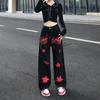 Hip Hop Vintage Ženy Černá Červená Džíny Streetwear Módní Kalhoty Hvězda Malované Vysoký Pas Široké nohavice Rovné Ležérní Volné kalhoty