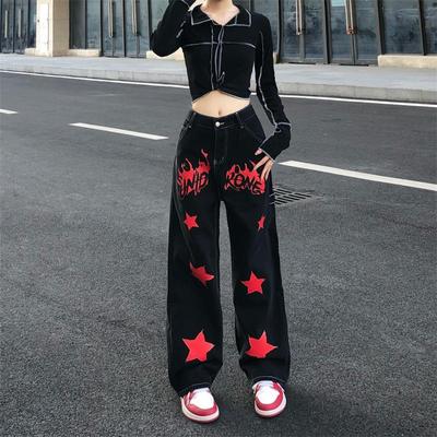 Hip Hop Vintage Mulheres Preto Vermelho Jeans Streetwear Moda Calças Estrela Pintada Cintura Alta Perna Larga Reta Casual Solta Calças