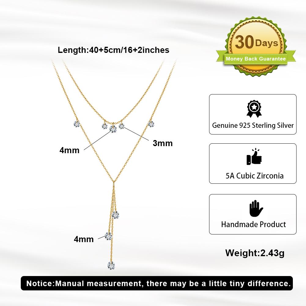 BQN20 Tassel Zirconia Pendant Bohemian Double Layer 925 Sterling Silver Stacking Choker Necklace