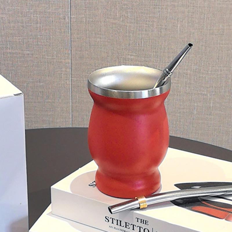 1 Set Yerba Mate Cup 304 Stainless Steel Double Wall 8oz Yerba Mate Gourd Cup With Straw Spoon And Cleaning Brush Teaware Sets