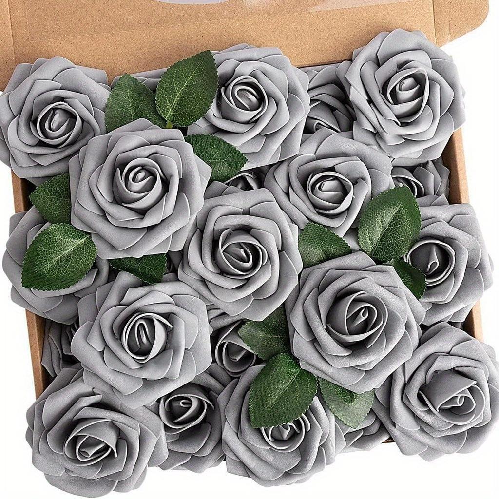 25Pcs Gift Box Foam Pe 3.15 Inch Rose Flower with Stem Simulation Artificial Flower