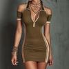 Damska Mini Sukienka Bodycon w Paski Color Block z Odkrytymi Ramionami, Kołnierzykiem na Pół Zip, Krótkim Rękawem, Elastyczna, Obcisła, na Imprezę, do Klubu