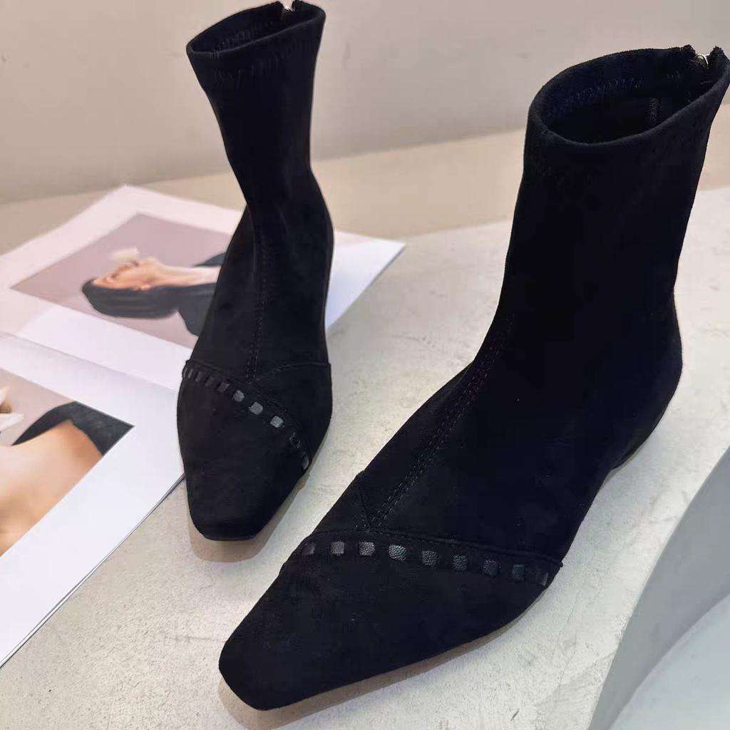 Skinny Boots Square Head French Short Boots Women'S Temperament Suede Martin Boots