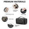 Travel Makeup Bag for Women, Large PU Leather Waterproof Checkered Cosmetic Bags, Open Flat Toiletry Bag, Make up Organizer with Divider and Handle