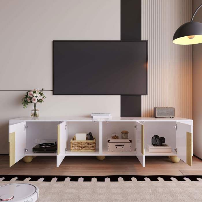 Meuble TV bas 180 x 40 x 44 cm avec 4 portes et pieds en bois sphérique, meuble TV avec aspect marbre en MDF - Blanc